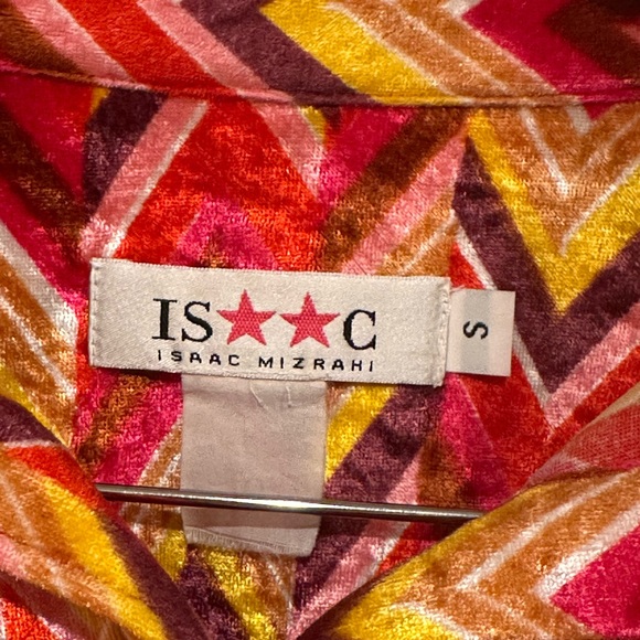 Vintage Isaac Mizrahi Red and Yellow Graphic Button Down Velour Shirt - Picture 2 of 4